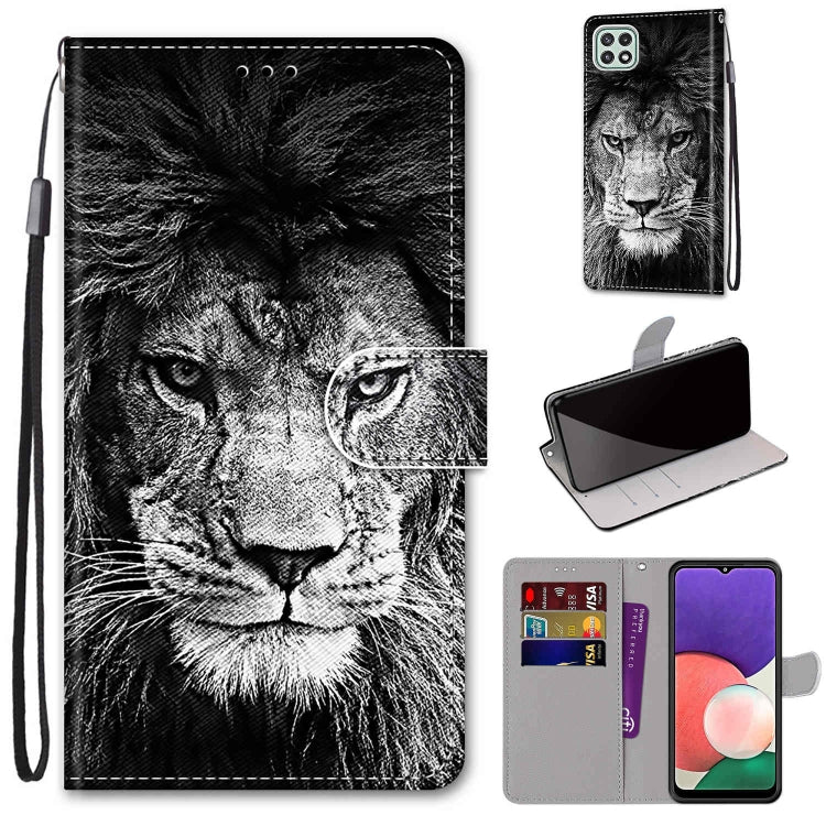 For Samsung Galaxy A22 5G Coloured Drawing Cross Texture Horizontal Flip PU Leather Case with Holder & Card Slots & Wallet & Lanyard(Black White Lion Head) by buy2fix