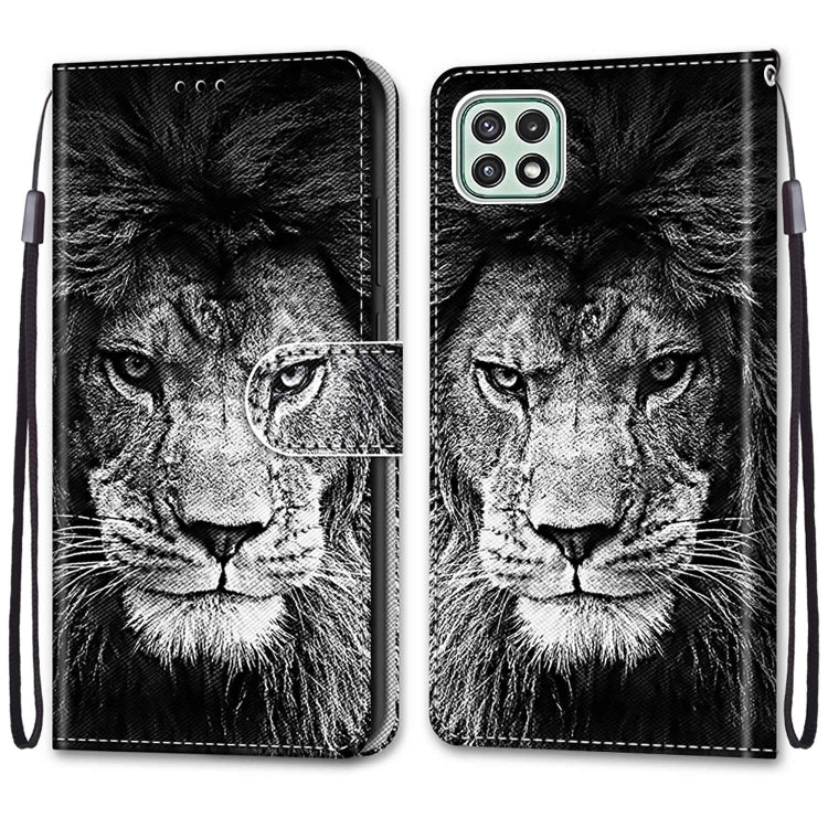For Samsung Galaxy A22 5G Coloured Drawing Cross Texture Horizontal Flip PU Leather Case with Holder & Card Slots & Wallet & Lanyard(Black White Lion Head) by buy2fix