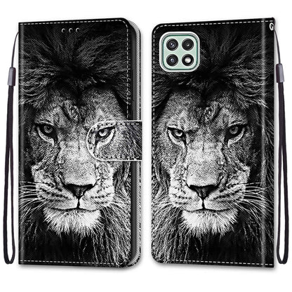 For Samsung Galaxy A22 5G Coloured Drawing Cross Texture Horizontal Flip PU Leather Case with Holder & Card Slots & Wallet & Lanyard(Black White Lion Head) by buy2fix