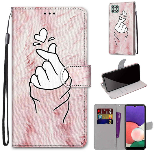 For Samsung Galaxy A22 5G Coloured Drawing Cross Texture Horizontal Flip PU Leather Case with Holder & Card Slots & Wallet & Lanyard(Pink Hands Heart) by buy2fix