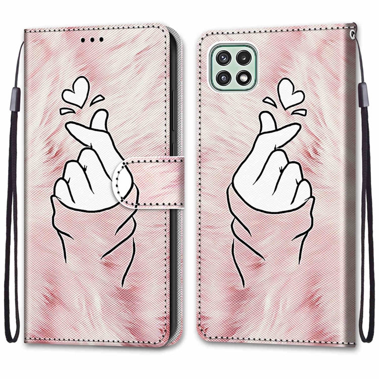 For Samsung Galaxy A22 5G Coloured Drawing Cross Texture Horizontal Flip PU Leather Case with Holder & Card Slots & Wallet & Lanyard(Pink Hands Heart) by buy2fix