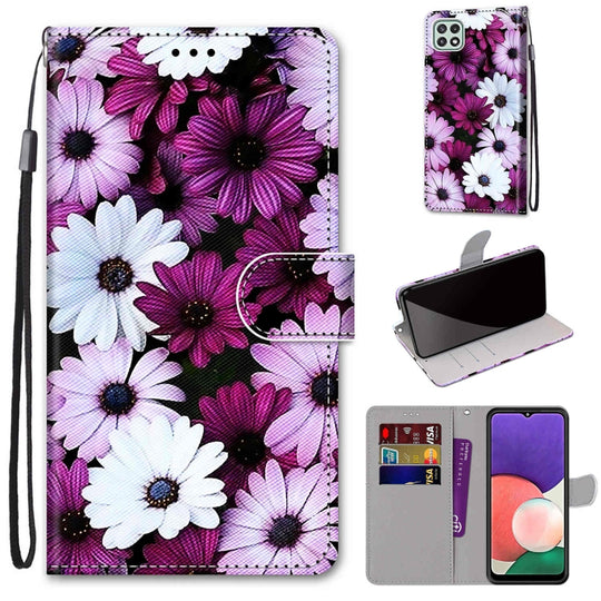 For Samsung Galaxy A22 5G Coloured Drawing Cross Texture Horizontal Flip PU Leather Case with Holder & Card Slots & Wallet & Lanyard(Chrysanthemum Pink White Purple)