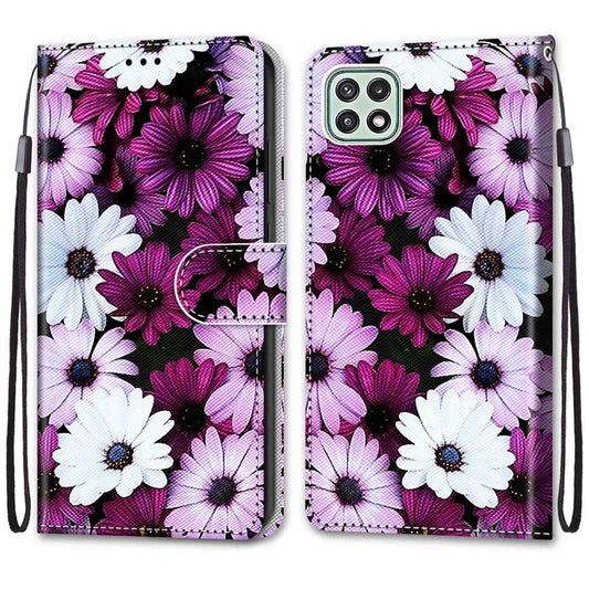 For Samsung Galaxy A22 5G Coloured Drawing Cross Texture Horizontal Flip PU Leather Case with Holder & Card Slots & Wallet & Lanyard(Chrysanthemum Pink White Purple) by buy2fix