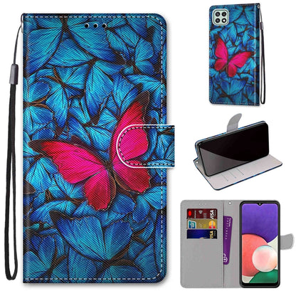 For Samsung Galaxy A22 5G Coloured Drawing Cross Texture Horizontal Flip PU Leather Case with Holder & Card Slots & Wallet & Lanyard(Blue Red Butterfly) by buy2fix