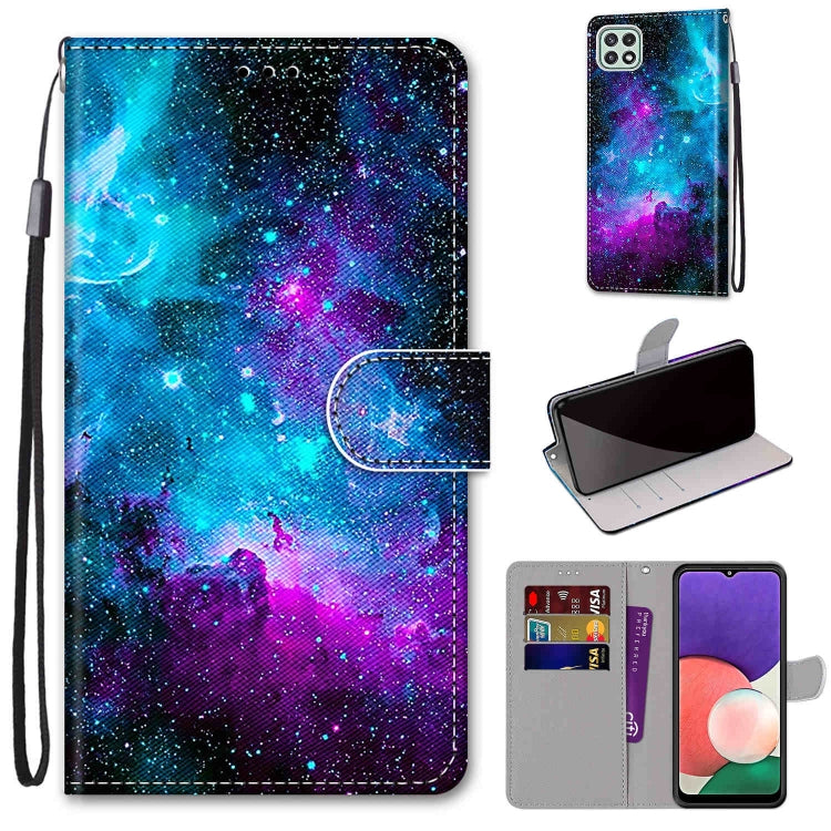 For Samsung Galaxy A22 5G Coloured Drawing Cross Texture Horizontal Flip PU Leather Case with Holder & Card Slots & Wallet & Lanyard(Purple Green Starry Sky) by buy2fix