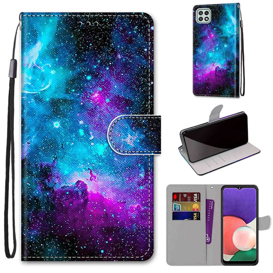 For Samsung Galaxy A22 5G Coloured Drawing Cross Texture Horizontal Flip PU Leather Case with Holder & Card Slots & Wallet & Lanyard(Purple Green Starry Sky) by buy2fix