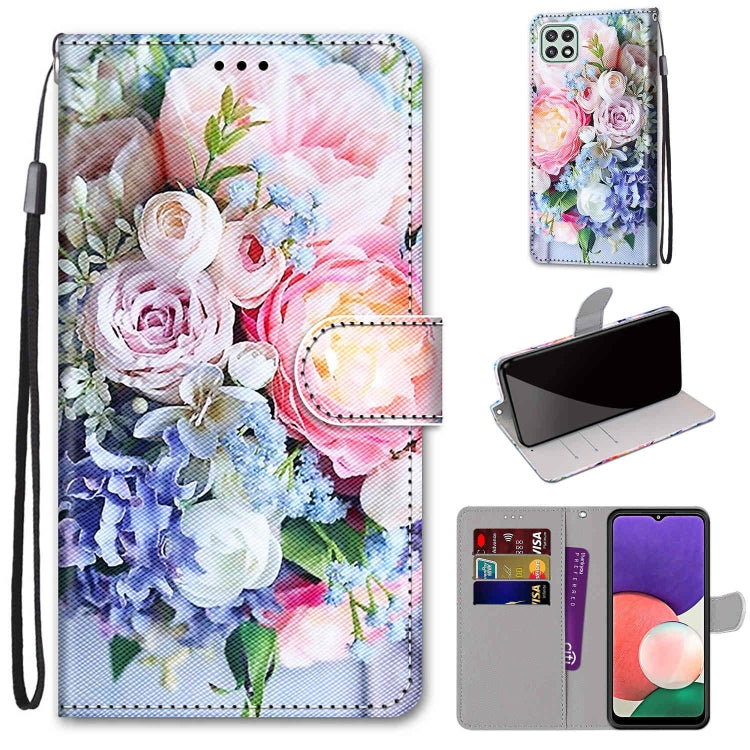 For Samsung Galaxy A22 5G Coloured Drawing Cross Texture Horizontal Flip PU Leather Case with Holder & Card Slots & Wallet & Lanyard(Light Pink Bouquet) by buy2fix