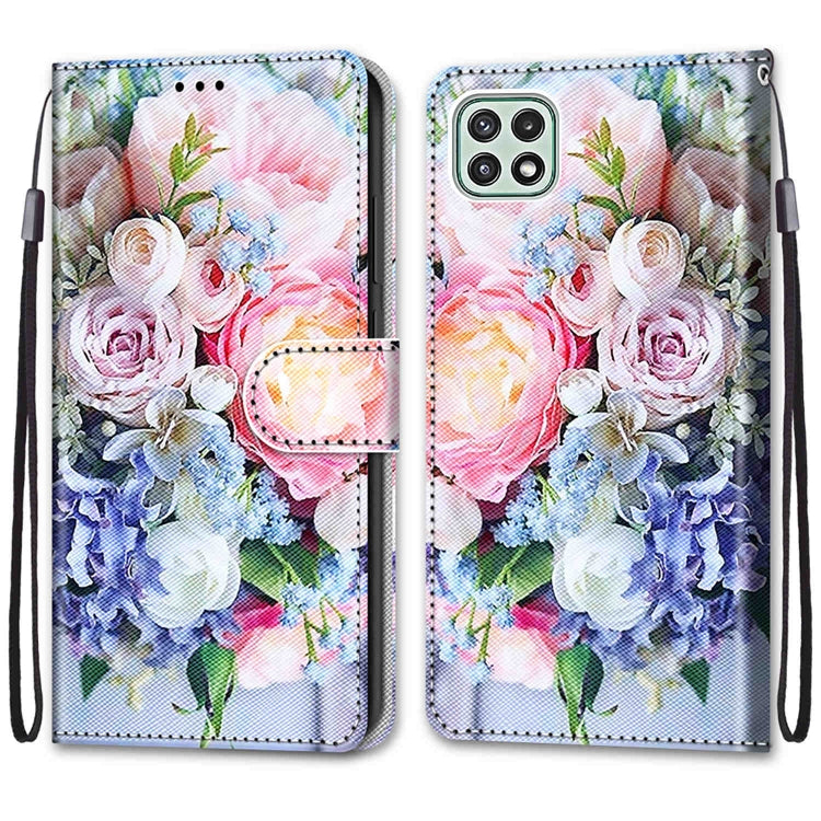 For Samsung Galaxy A22 5G Coloured Drawing Cross Texture Horizontal Flip PU Leather Case with Holder & Card Slots & Wallet & Lanyard(Light Pink Bouquet) by buy2fix