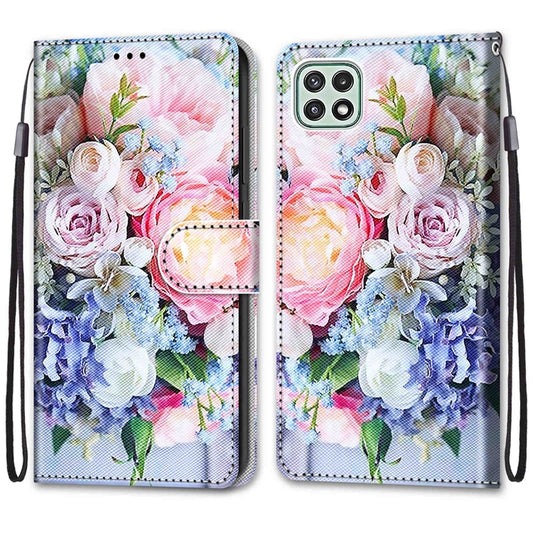 For Samsung Galaxy A22 5G Coloured Drawing Cross Texture Horizontal Flip PU Leather Case with Holder & Card Slots & Wallet & Lanyard(Light Pink Bouquet) by buy2fix