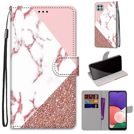For Samsung Galaxy A22 5G Coloured Drawing Cross Texture Horizontal Flip PU Leather Case with Holder & Card Slots & Wallet & Lanyard(Pink Stone Texture)