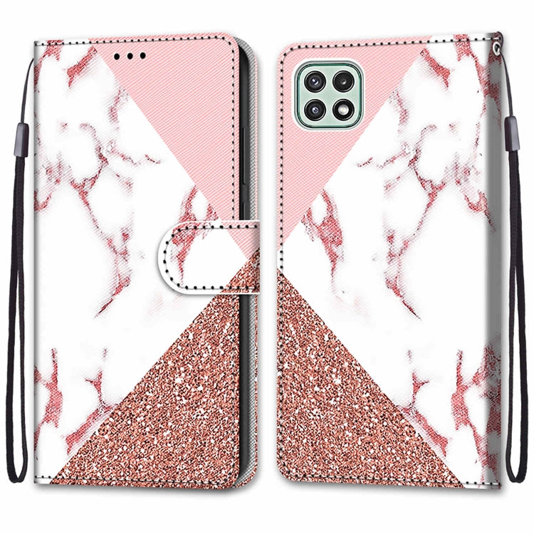 For Samsung Galaxy A22 5G Coloured Drawing Cross Texture Horizontal Flip PU Leather Case with Holder & Card Slots & Wallet & Lanyard(Pink Stone Texture) by buy2fix