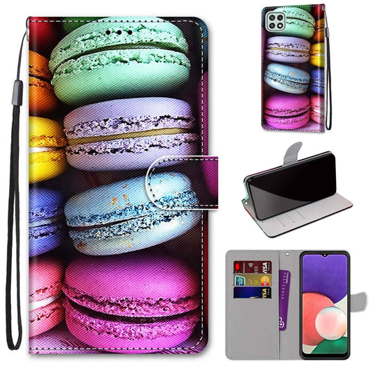 For Samsung Galaxy A22 5G Coloured Drawing Cross Texture Horizontal Flip PU Leather Case with Holder & Card Slots & Wallet & Lanyard(Colorful Cakes) by buy2fix