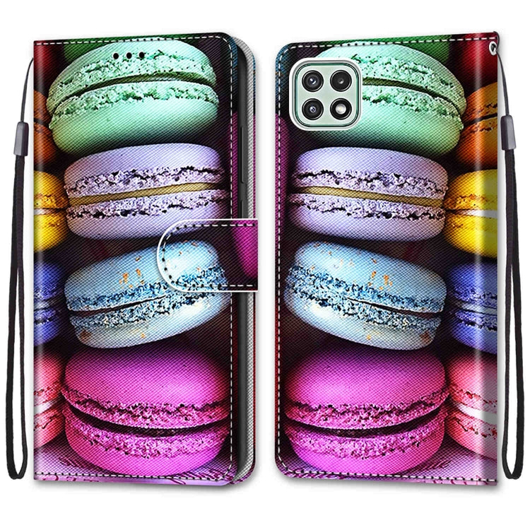 For Samsung Galaxy A22 5G Coloured Drawing Cross Texture Horizontal Flip PU Leather Case with Holder & Card Slots & Wallet & Lanyard(Colorful Cakes) by buy2fix