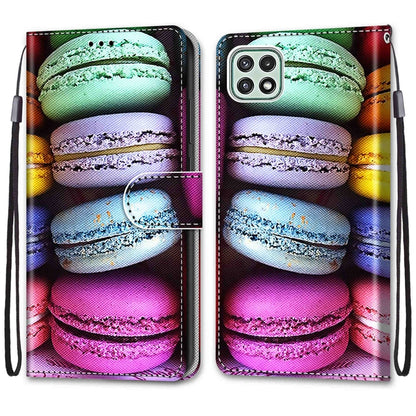 For Samsung Galaxy A22 5G Coloured Drawing Cross Texture Horizontal Flip PU Leather Case with Holder & Card Slots & Wallet & Lanyard(Colorful Cakes) by buy2fix