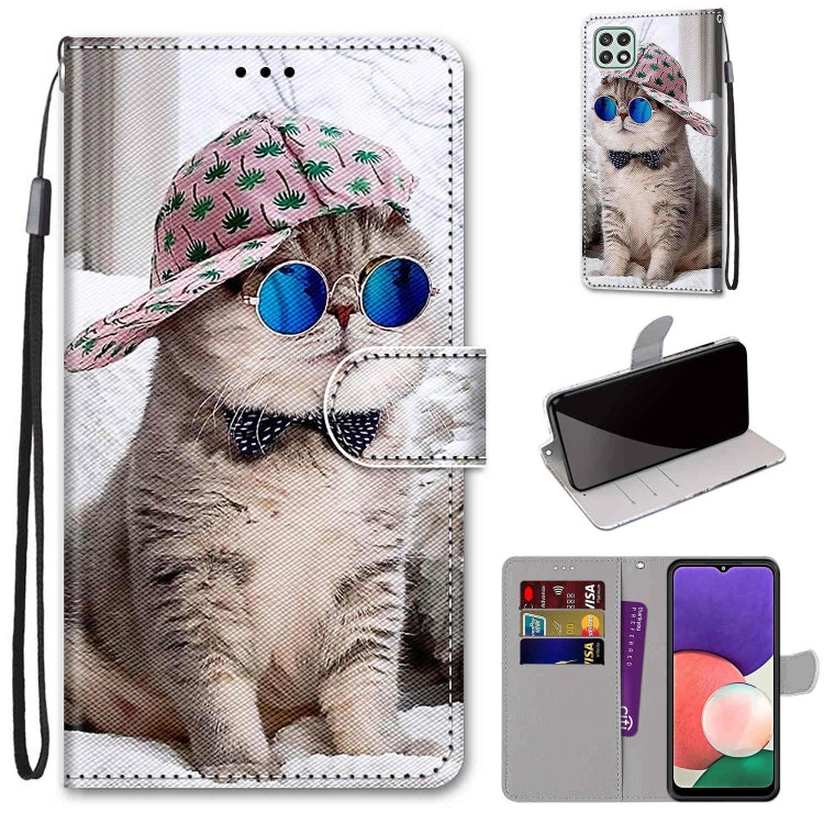 For Samsung Galaxy A22 5G Coloured Drawing Cross Texture Horizontal Flip PU Leather Case with Holder & Card Slots & Wallet & Lanyard(Slant Hat Blue Mirror Cat) by buy2fix