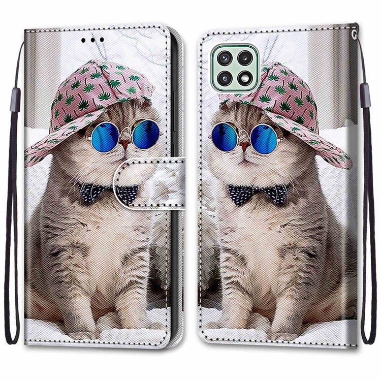 For Samsung Galaxy A22 5G Coloured Drawing Cross Texture Horizontal Flip PU Leather Case with Holder & Card Slots & Wallet & Lanyard(Slant Hat Blue Mirror Cat) by buy2fix