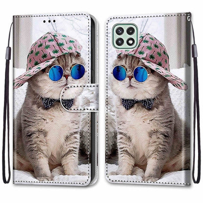 For Samsung Galaxy A22 5G Coloured Drawing Cross Texture Horizontal Flip PU Leather Case with Holder & Card Slots & Wallet & Lanyard(Slant Hat Blue Mirror Cat) by buy2fix