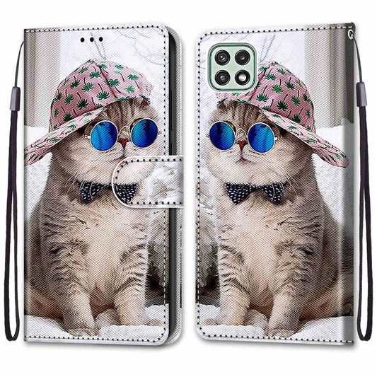 For Samsung Galaxy A22 5G Coloured Drawing Cross Texture Horizontal Flip PU Leather Case with Holder & Card Slots & Wallet & Lanyard(Slant Hat Blue Mirror Cat) by buy2fix