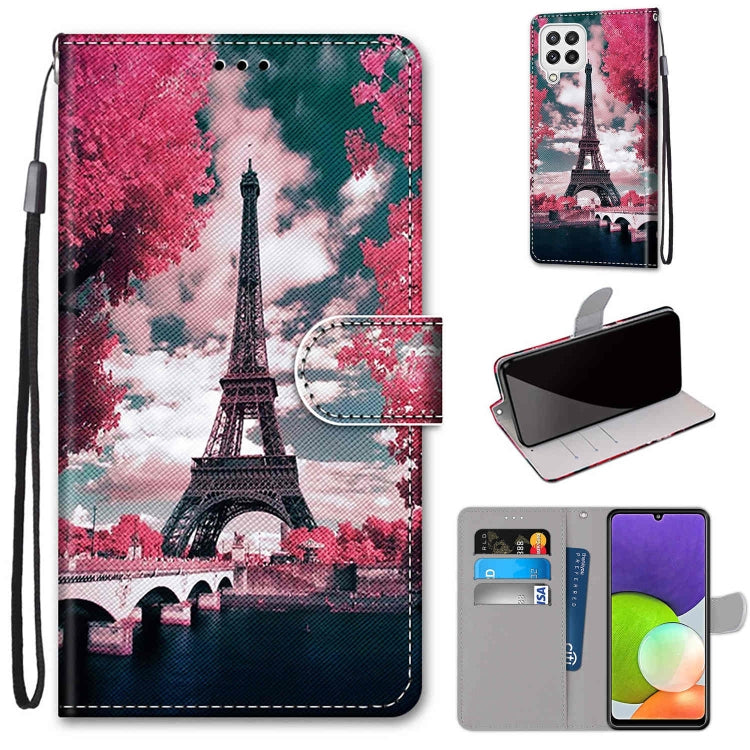 For Samsung Galaxy A22 4G Coloured Drawing Cross Texture Horizontal Flip PU Leather Case with Holder & Card Slots & Wallet & Lanyard(Pink Flower Tower Bridge) by buy2fix