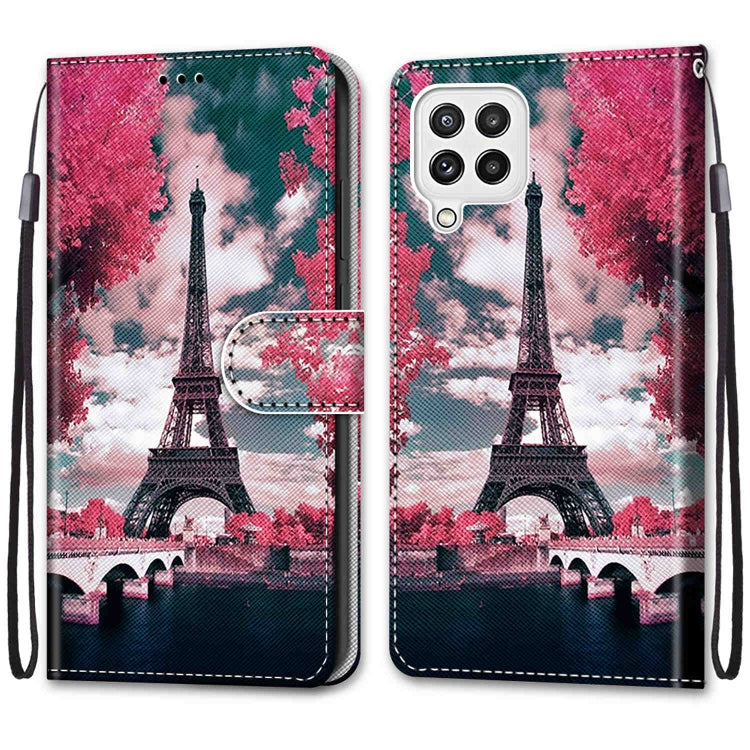 For Samsung Galaxy A22 4G Coloured Drawing Cross Texture Horizontal Flip PU Leather Case with Holder & Card Slots & Wallet & Lanyard(Pink Flower Tower Bridge) by buy2fix