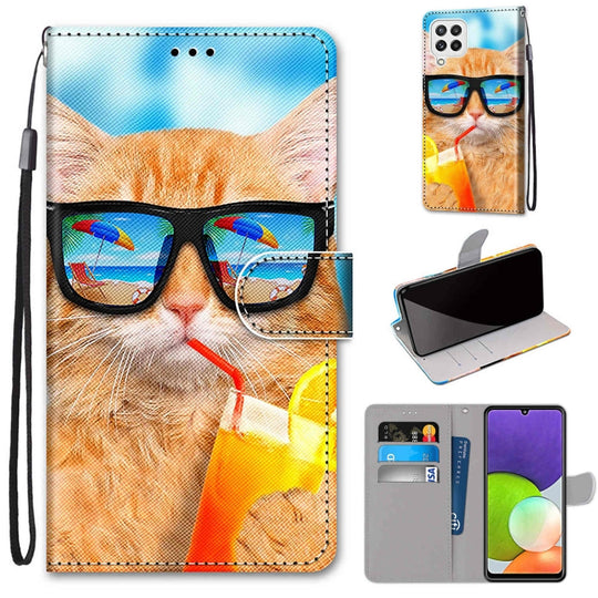 For Samsung Galaxy A22 4G Coloured Drawing Cross Texture Horizontal Flip PU Leather Case with Holder & Card Slots & Wallet & Lanyard(Cat Drinking Soda)