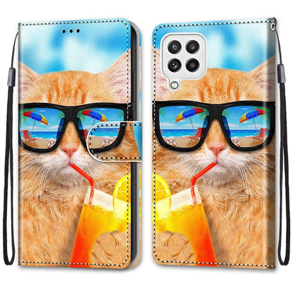 For Samsung Galaxy A22 4G Coloured Drawing Cross Texture Horizontal Flip PU Leather Case with Holder & Card Slots & Wallet & Lanyard(Cat Drinking Soda) by buy2fix