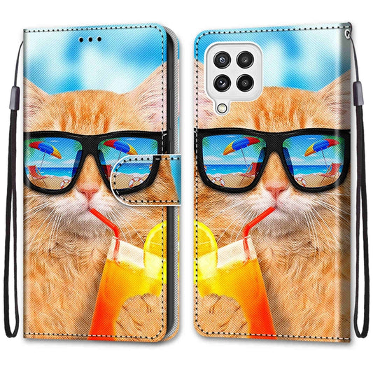 For Samsung Galaxy A22 4G Coloured Drawing Cross Texture Horizontal Flip PU Leather Case with Holder & Card Slots & Wallet & Lanyard(Cat Drinking Soda) by buy2fix