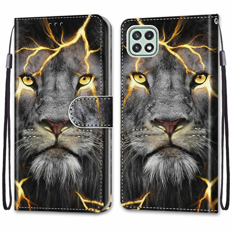 For Samsung Galaxy A22 5G Coloured Drawing Cross Texture Horizontal Flip PU Leather Case with Holder & Card Slots & Wallet & Lanyard(Fission Lion) by buy2fix