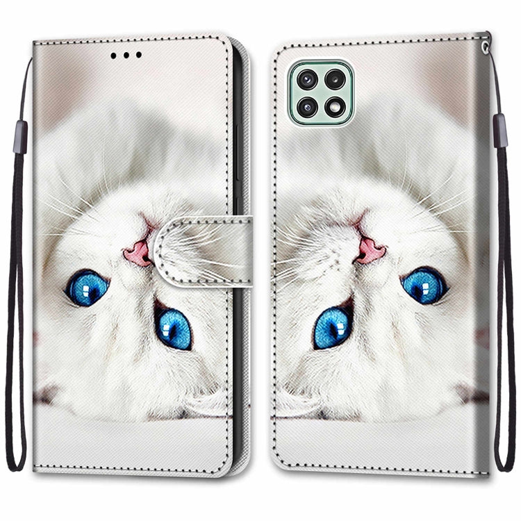 For Samsung Galaxy A22 5G Coloured Drawing Cross Texture Horizontal Flip PU Leather Case with Holder & Card Slots & Wallet & Lanyard(White Kitten) by buy2fix