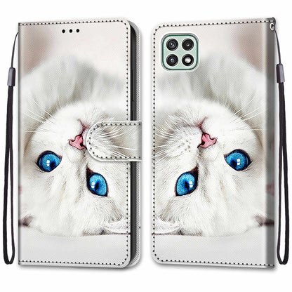For Samsung Galaxy A22 5G Coloured Drawing Cross Texture Horizontal Flip PU Leather Case with Holder & Card Slots & Wallet & Lanyard(White Kitten) by buy2fix