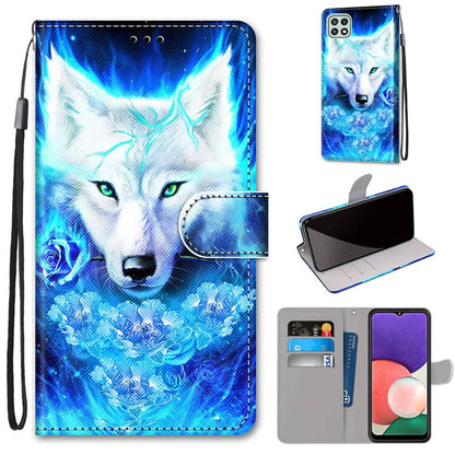 For Samsung Galaxy A22 5G Coloured Drawing Cross Texture Horizontal Flip PU Leather Case with Holder & Card Slots & Wallet & Lanyard(Rose Wolf) by buy2fix