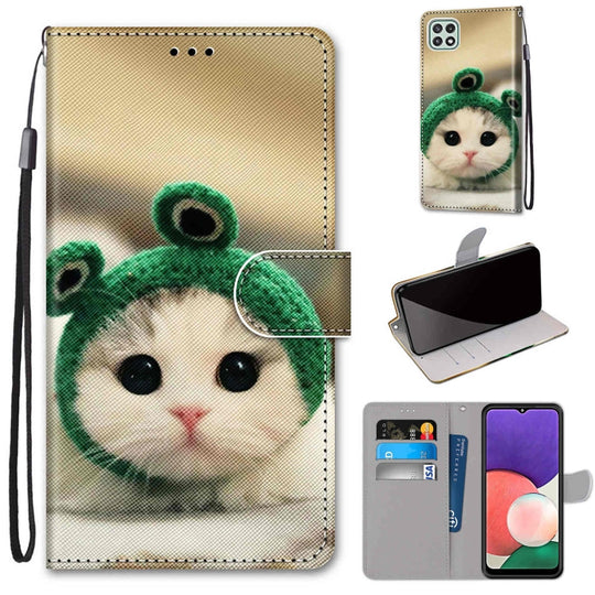 For Samsung Galaxy A22 5G Coloured Drawing Cross Texture Horizontal Flip PU Leather Case with Holder & Card Slots & Wallet & Lanyard(Frog Kitten)