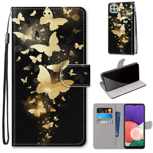 For Samsung Galaxy A22 5G Coloured Drawing Cross Texture Horizontal Flip PU Leather Case with Holder & Card Slots & Wallet & Lanyard(Golden Butterfly Group) by buy2fix