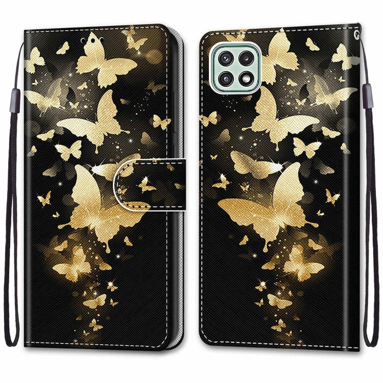 For Samsung Galaxy A22 5G Coloured Drawing Cross Texture Horizontal Flip PU Leather Case with Holder & Card Slots & Wallet & Lanyard(Golden Butterfly Group) by buy2fix