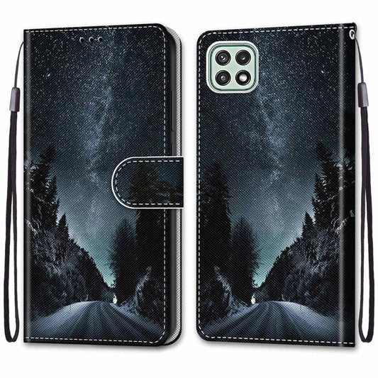 For Samsung Galaxy A22 5G Coloured Drawing Cross Texture Horizontal Flip PU Leather Case with Holder & Card Slots & Wallet & Lanyard(Mountain Road Starry Sky) by buy2fix