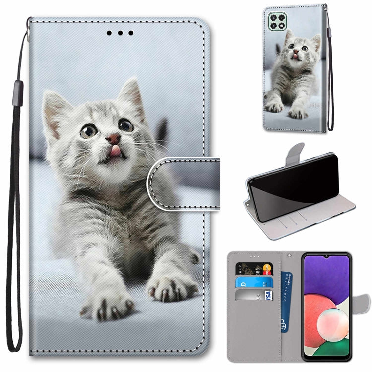 For Samsung Galaxy A22 5G Coloured Drawing Cross Texture Horizontal Flip PU Leather Case with Holder & Card Slots & Wallet & Lanyard(Small Gray Cat) by buy2fix