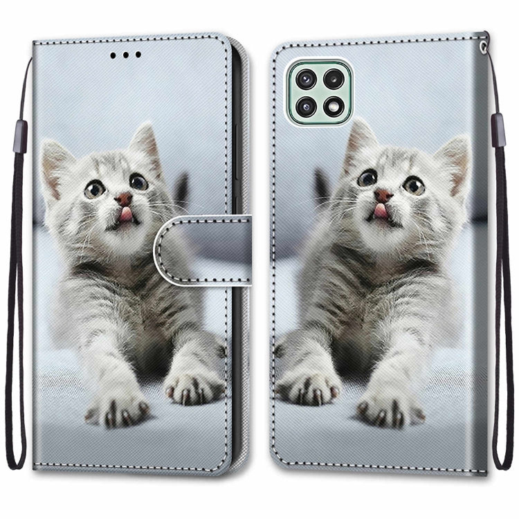 For Samsung Galaxy A22 5G Coloured Drawing Cross Texture Horizontal Flip PU Leather Case with Holder & Card Slots & Wallet & Lanyard(Small Gray Cat) by buy2fix