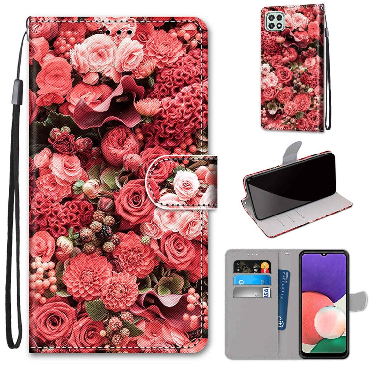 For Samsung Galaxy A22 5G Coloured Drawing Cross Texture Horizontal Flip PU Leather Case with Holder & Card Slots & Wallet & Lanyard(Pink Rose Garden) by buy2fix