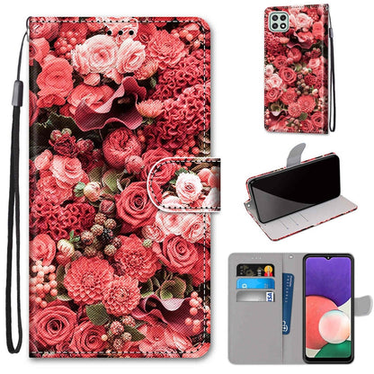 For Samsung Galaxy A22 5G Coloured Drawing Cross Texture Horizontal Flip PU Leather Case with Holder & Card Slots & Wallet & Lanyard(Pink Rose Garden) by buy2fix