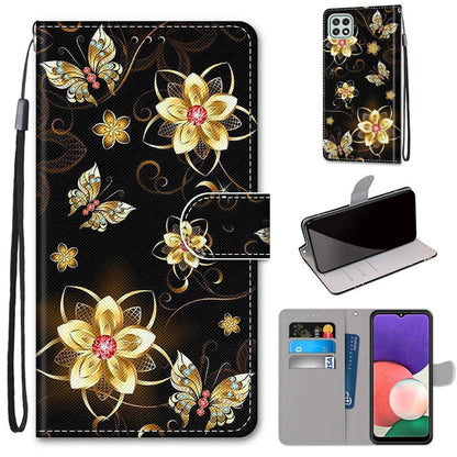 For Samsung Galaxy A22 5G Coloured Drawing Cross Texture Horizontal Flip PU Leather Case with Holder & Card Slots & Wallet & Lanyard(Gold Diamond Butterfly) by buy2fix