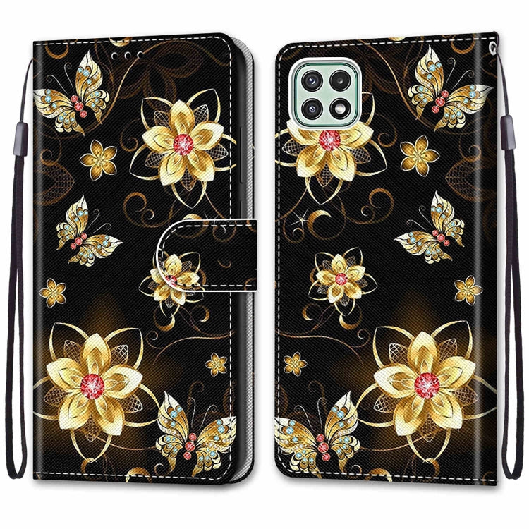For Samsung Galaxy A22 5G Coloured Drawing Cross Texture Horizontal Flip PU Leather Case with Holder & Card Slots & Wallet & Lanyard(Gold Diamond Butterfly) by buy2fix