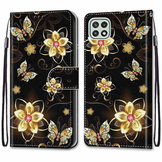 For Samsung Galaxy A22 5G Coloured Drawing Cross Texture Horizontal Flip PU Leather Case with Holder & Card Slots & Wallet & Lanyard(Gold Diamond Butterfly) by buy2fix