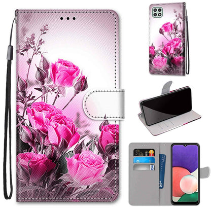 For Samsung Galaxy A22 5G Coloured Drawing Cross Texture Horizontal Flip PU Leather Case with Holder & Card Slots & Wallet & Lanyard(Wild Rose) by buy2fix