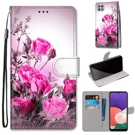 For Samsung Galaxy A22 5G Coloured Drawing Cross Texture Horizontal Flip PU Leather Case with Holder & Card Slots & Wallet & Lanyard(Wild Rose) by buy2fix