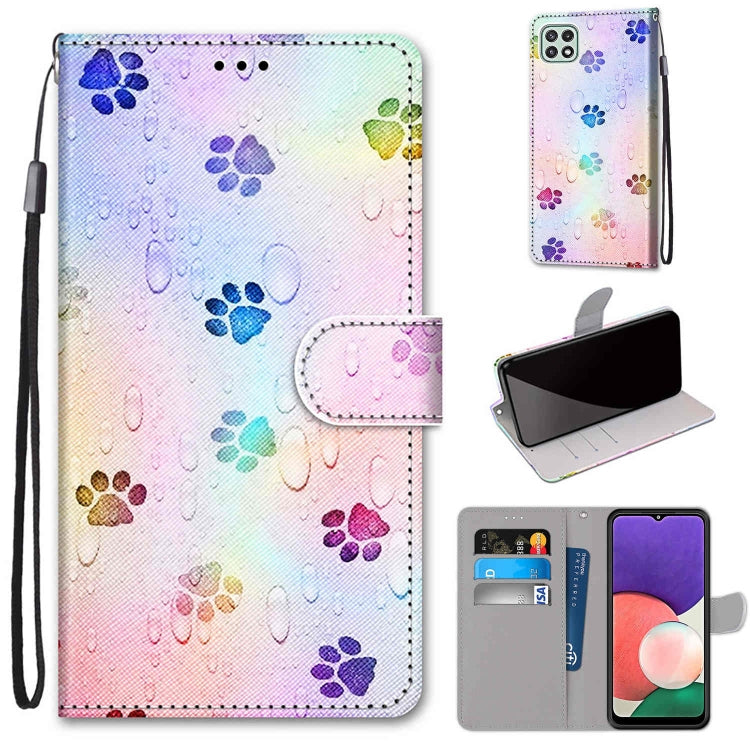 For Samsung Galaxy A22 5G Coloured Drawing Cross Texture Horizontal Flip PU Leather Case with Holder & Card Slots & Wallet & Lanyard(Footprint Water Drops) by buy2fix