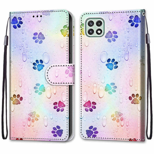 For Samsung Galaxy A22 5G Coloured Drawing Cross Texture Horizontal Flip PU Leather Case with Holder & Card Slots & Wallet & Lanyard(Footprint Water Drops) by buy2fix