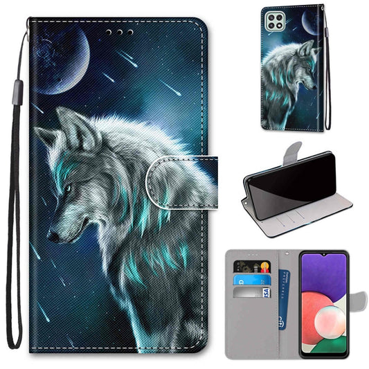 For Samsung Galaxy A22 5G Coloured Drawing Cross Texture Horizontal Flip PU Leather Case with Holder & Card Slots & Wallet & Lanyard(Pensive Wolf) by buy2fix