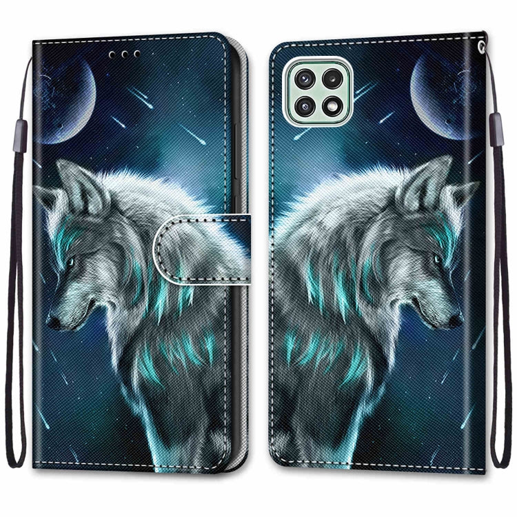 For Samsung Galaxy A22 5G Coloured Drawing Cross Texture Horizontal Flip PU Leather Case with Holder & Card Slots & Wallet & Lanyard(Pensive Wolf) by buy2fix