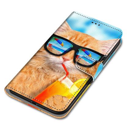 For Samsung Galaxy A22 5G Coloured Drawing Cross Texture Horizontal Flip PU Leather Case with Holder & Card Slots & Wallet & Lanyard(Cat Drinking Soda) by buy2fix