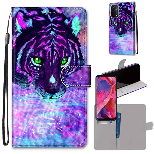 For OPPO A54 5G / A74 5G / A93 5G / A93s 5G Coloured Drawing Cross Texture Horizontal Flip PU Leather Case with Holder & Card Slots & Wallet & Lanyard(Tiger Drinking Water) by buy2fix